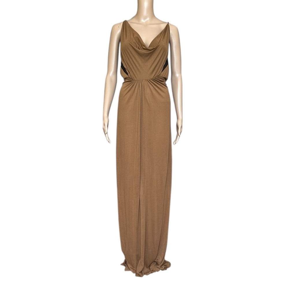 Cut25 Yigal Azrouel Brown Draped Maxi Dress Mesh Side Panels Back Slit Size L